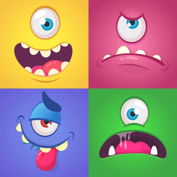 Caras Monstruo Dibujos Animados Conjunto Vectorial Cuatro Caras Monstruo Halloween — Vector de stock