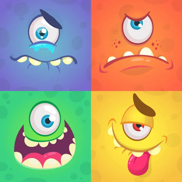 Caras Monstruo Dibujos Animados Conjunto Vectorial Cuatro Caras Monstruo Halloween — Vector de stock