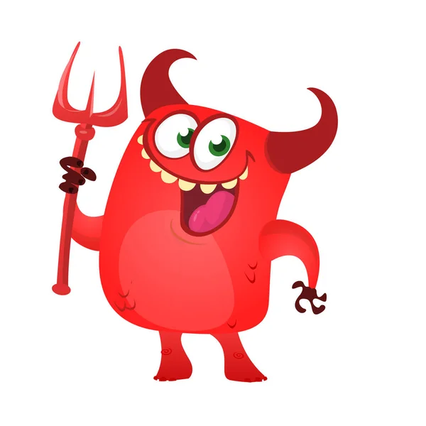 Dibujos Animados Divertido Diablo Riendo Sosteniendo Tridente Ilustración Vectorial Para — Vector de stock