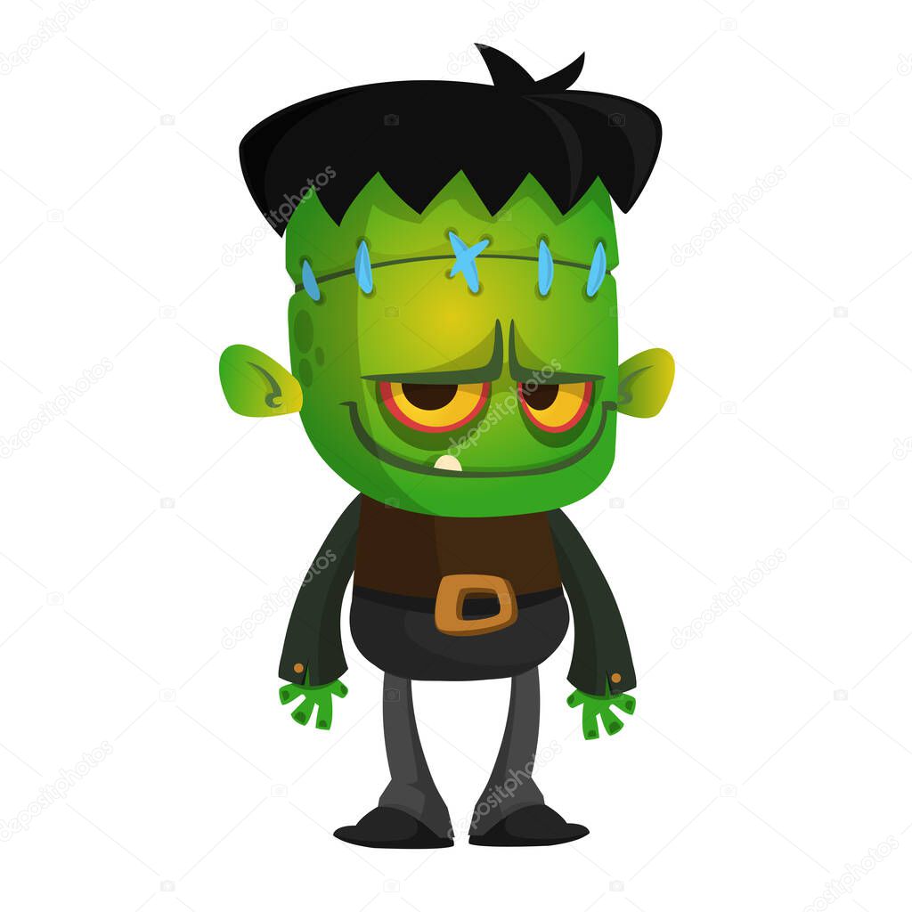 Cartoon funny green zombie. Halloween vector illustration of zombie creature.