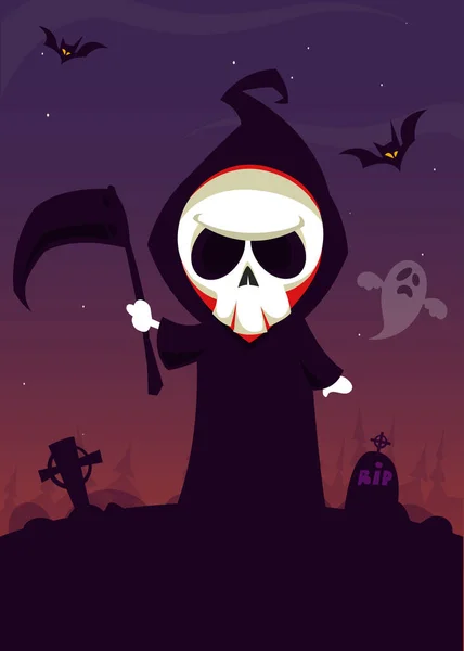Děsivý Kreslený Smrťák Kosou Halloween Smrt Charakter Ilustrace — Stockový vektor