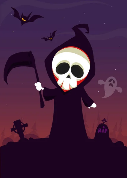 Scary Kartun Grim Reaper Dengan Sabit Ilustrasi Karakter Kematian Halloween - Stok Vektor