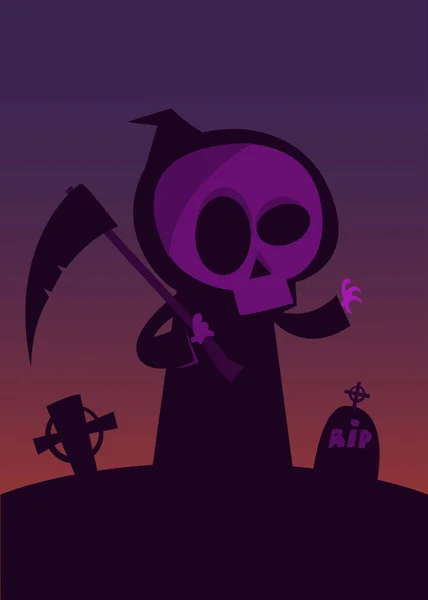 Spaventoso Cartone Animato Triste Mietitore Con Falce Halloween Morte Personaggio — Vettoriale Stock