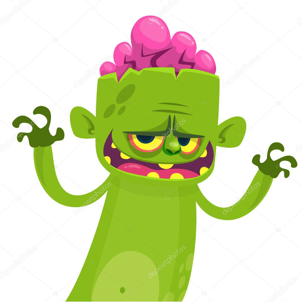 Cartoon funny green zombie. Halloween vector illustration of zombie creature.