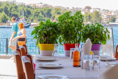 Restoran tablo renkli saksı ve Yunanistan Chalkida deniz gezinti turistlerin basel fabrikaları ile