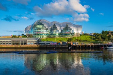 Newcastle, İngiltere - 29 Temmuz 2018: Adaçayı Gateshead konser salonu Newcastle Gateshead Quayside bir martı olarak üzerinde nehir Tyne uçar.