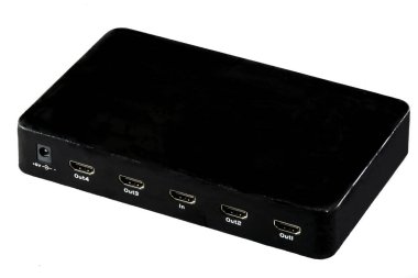 Black HDMI digital video four port splitter on white background. Electronic equipment for multiple televisions connection. clipart
