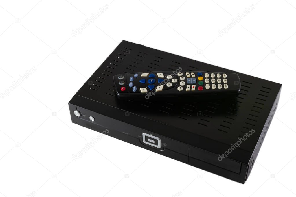 Remote controller and Receiver for Satellite and IP TV (STB) isolated on white background- top view