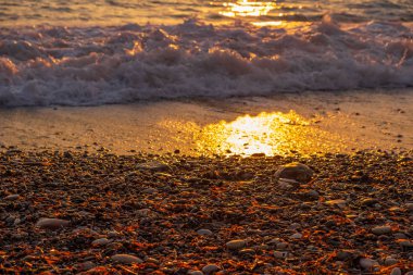 Güzel bir plaj çakıl Petra tou Romiou beach, Paphos, Kıbrıs için günbatımı manzaraya. Yunan mitolojisinde Afrodit'ın Doğum yeri olarak kabul edilir.