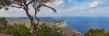 Koylar ve mavi lagün Akdeniz Aphrodite hiking trail Akamas yarımadasında, Kıbrıs dan görüldüğü gibi denizin turkuaz su ile panoramik havadan görünümü