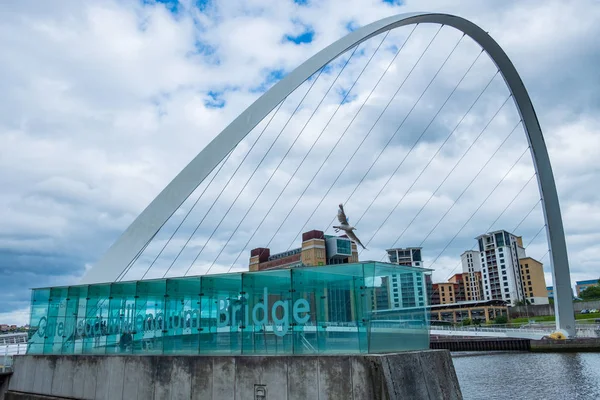 Une mouette vole à basse altitude près du Gateshead Millennium — Photo