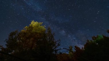 Troodos dağlarındaki Orman 'ın üzerinden Samanyolu. Kıbrıs 'taki Kakopetria köyü üzerinde çekilen fotoğrafların hareket videosunu durdur