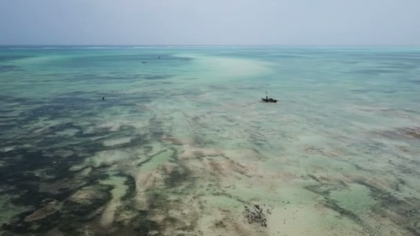 Luchtfoto: de boot vaart tijdens een grote uitstroom op het eiland Zanzibar — Stockvideo