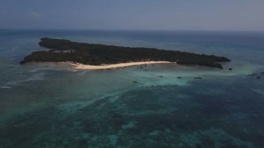 Hava: Pangavini Island tropikal yağmur ormanları, taş shore kemer etrafında ormanda, yukarıdan aşağıya havadan görünümü ile kaplı.