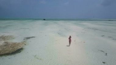 Hava: elbise kız yalnız Cennet plaj yürüyor. Jambiani Beach