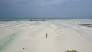 Hava: elbise kız yalnız Cennet plaj yürüyor. Jambiani Beach