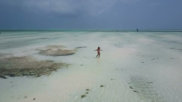 Aerea: la ragazza in abito cammina da sola lungo la spiaggia paradisiaca. Spiaggia di Jambiani — Video Stock