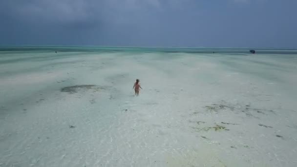 Aerea: la ragazza in abito cammina da sola lungo la spiaggia paradisiaca. Spiaggia di Jambiani — Video Stock