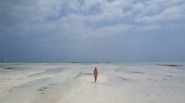 Hava: elbise kız yalnız Cennet plaj yürüyor. Jambiani Beach