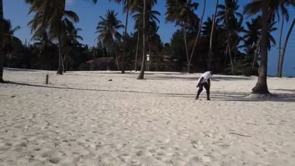 Antenn: afrikansk man dansar i en palmlund på stranden — Stockvideo