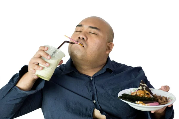 Fat Man Eating Portrait Overweight Person Feels Hungry Eating Chips — Stock Photo, Image