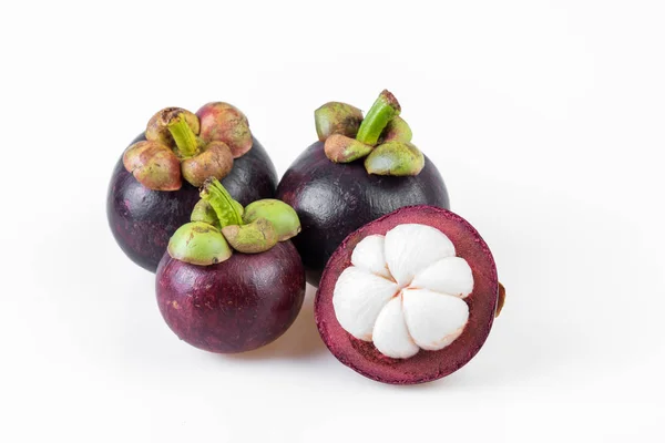 Mangosteens Królowa Owoców Mangosteen Białym Tle — Zdjęcie stockowe