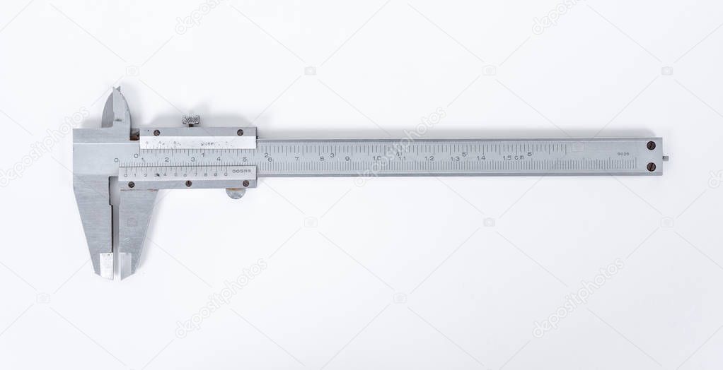 Vernier calipe or caliper. Precision measuring tools from silver steel.on a white background.