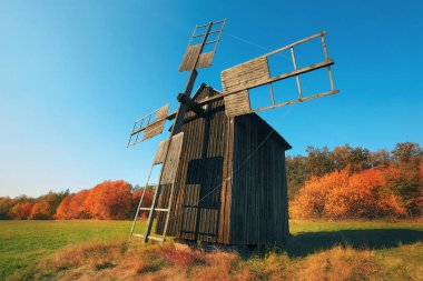 Pirogovo güzel bir sonbahar gününde gün batımına, Kiev, Ukrayna Ulusal Mimarlık Müzesi'nde geleneksel Ukrayna yel değirmeni