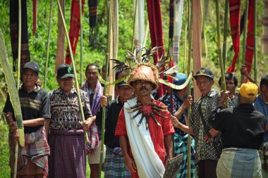 Tana Toraja, Sulawesi, Endonezya - Aralık 2011. Tana Toraja cenaze alayı. Bir grup insan cenaze yer Sulawesi, Endonezya için yürüyüş.