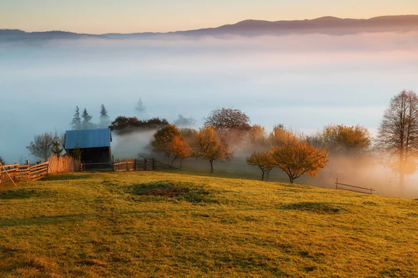 Nebliger Herbstmorgen Über Den Traditionellen Rumänischen Hütten Bucovina Rumänien — Stockfoto