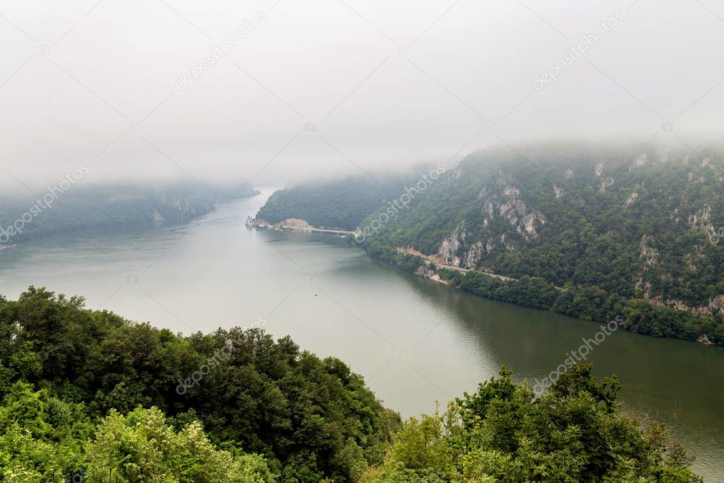 Summer landscape of Danube Gorge, at the border between Romania and Serbia. Mraconia orthodox monastery