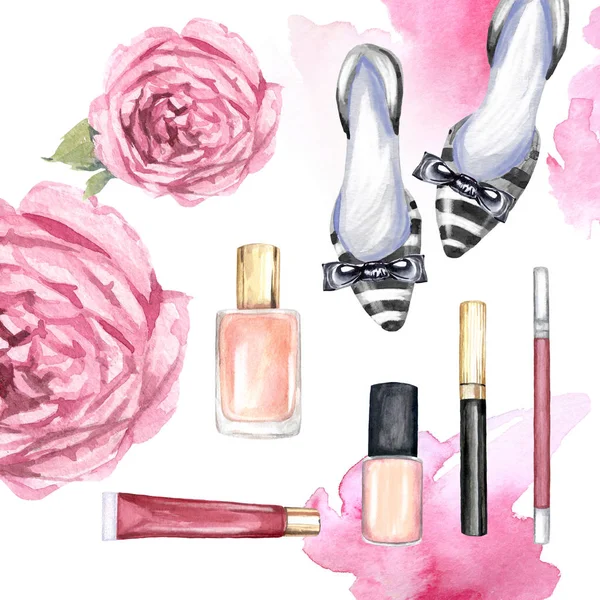 Watercolor illustration of makeup products, roses and shoes on white background
