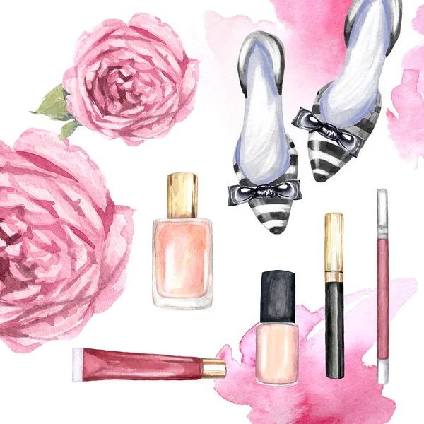 Illustration Aquarelle Produits Maquillage Roses Chaussures Sur Fond Blanc Photos De Stock Libres De Droits