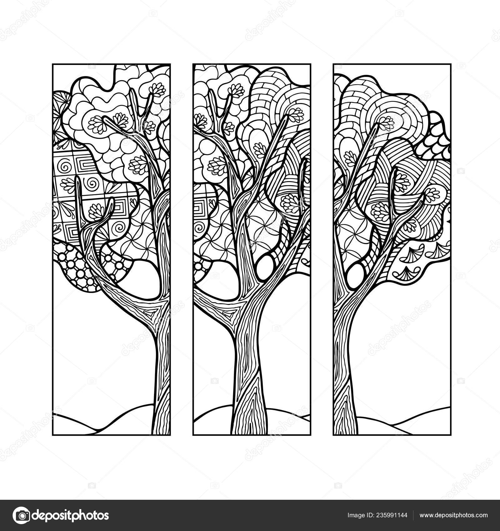 Set of three coloring bookmarks in black and white. Doodles