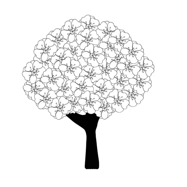 Svart Träd Silhuett Vit Bakgrund Vita Blommor Crown Plommon Persika — Stock vektor