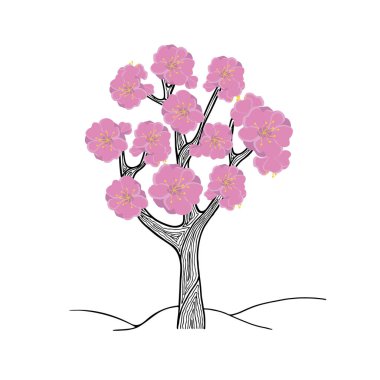 El çizimi doodle çiçeği ağaç: Erik, şeftali ve kiraz. Minimalist ve fantezi. Siyah, beyaz, pembe izole vektör çizim. 