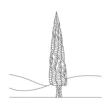 Kontur el ağacı selvi, zendoodle yatay çizimi. Minimalist ve fantezi. Siyah ve beyaz vektör illüstrasyon izole. Yetişkin ve çocuklar için boyama kitabı.
