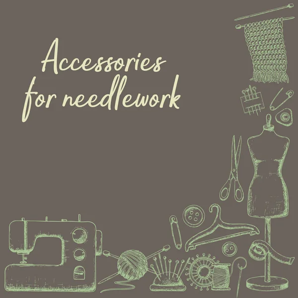 Set Tools Needlework Sewing Handmade Equipment Needlework Accessoriesy Sketch Illustration Stock Illustration