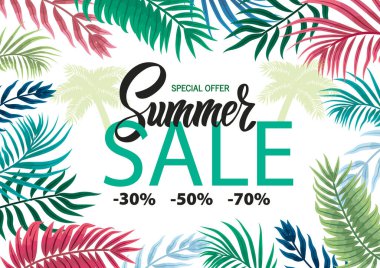 Yaz satışı için şablon. Tropik yapraklar, martinili bardaklar. Harfler. Broşürler, afişler, reklamlar için
