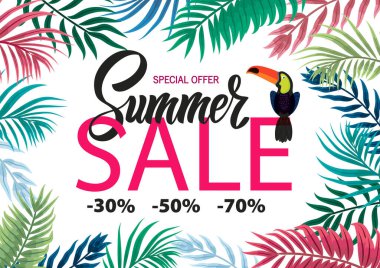 Yaz satışı için şablon. Tropikal yapraklar, Toucan. harf