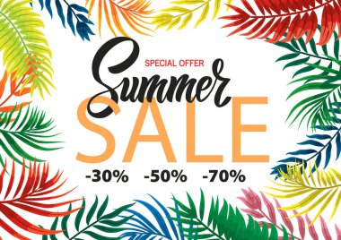 Yaz satışı için şablon. Tropik yapraklar, martinili bardaklar. Harfler. Broşürler, afişler, reklamlar için