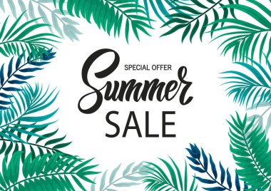 Yaz satışı için şablon. Tropik yapraklar, martinili bardaklar. Harfler. Broşürler, afişler, reklamlar için