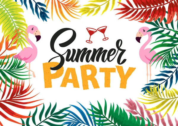 Bir yaz partisi için şablon. Gün batımı, palmiye ağaçları, tropik yapraklar, martini bardakları. harf