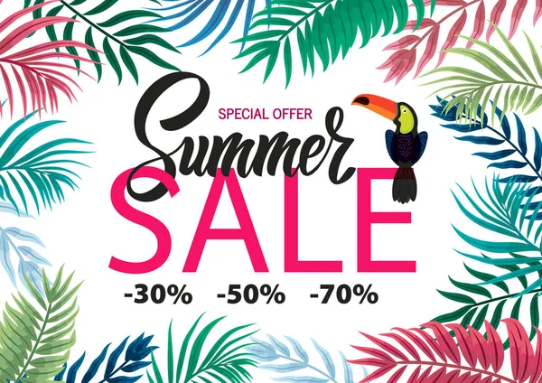 Yaz satışı için şablon. Tropikal yapraklar, Toucan. harf
