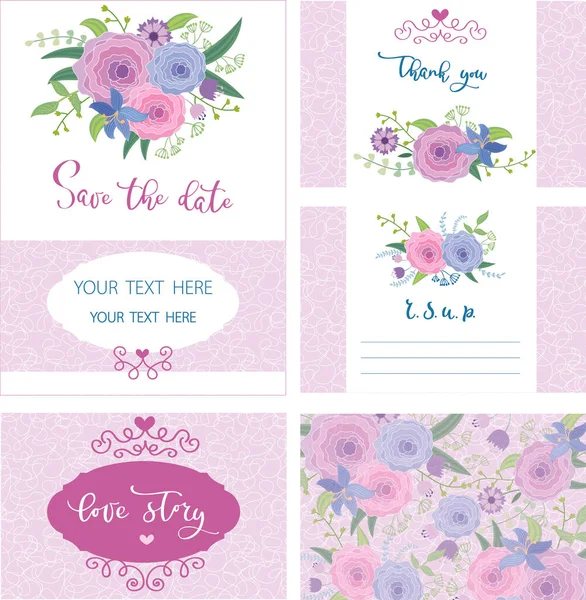 Vektor Layout Von Einladungskarten Für Eine Hochzeit Schriftzug Und Blumenmuster — Stockvektor