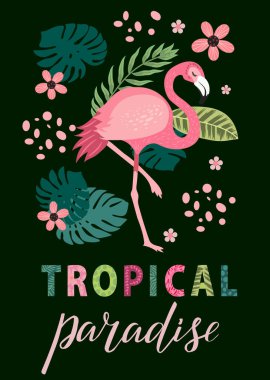 Farklı pozlarda pembe flamingolar. Egzotik kuşların, tropik bitkilerin, çiçeklerin ve yaprakların olduğu bir arka plan. harf