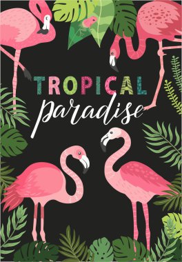 Farklı pozlarda pembe flamingolar. Egzotik kuşların, tropik bitkilerin, çiçeklerin ve yaprakların olduğu bir arka plan. harf