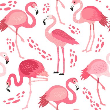 Farklı pozlarda pembe flamingolar. Kusursuz desen. vektör görüntü. Kumaşlar, kağıt bardaklar, ambalaj kağıtları, telefon kılıfları için. egzotik kuşların, tropikal bitkilerin, çiçeklerin ve yaprakların olduğu arka plan