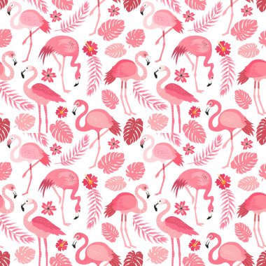 Farklı pozlarda pembe flamingolar. Kusursuz desen. vektör görüntü. Kumaşlar, kağıt bardaklar, ambalaj kağıtları, telefon kılıfları için. egzotik kuşların, tropikal bitkilerin, çiçeklerin ve yaprakların olduğu arka plan