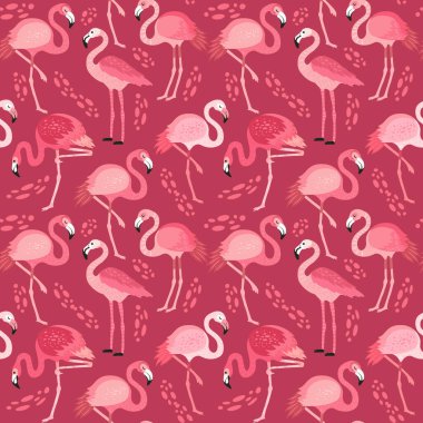 Farklı pozlarda pembe flamingolar. Kusursuz desen. vektör görüntü. Kumaşlar, kağıt bardaklar, ambalaj kağıtları, telefon kılıfları için. egzotik kuşların, tropikal bitkilerin, çiçeklerin ve yaprakların olduğu arka plan